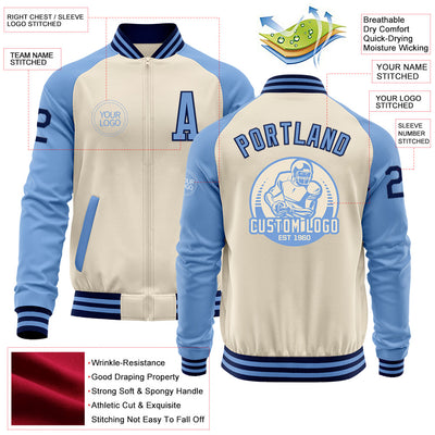 Custom Cream Navy-Light Blue Bomber Varsity Letterman Two Tone Zipper Jacket