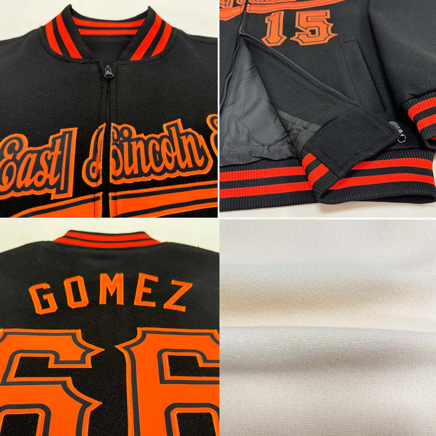 Custom Cream Black-Orange Bomber Varsity Letterman Two Tone Zipper Jacket