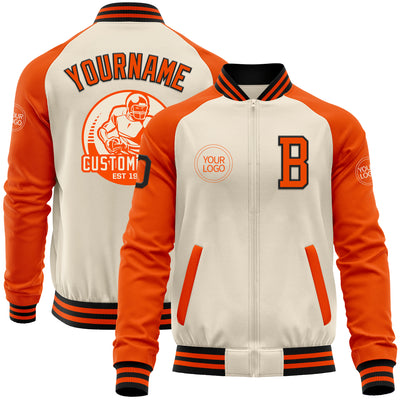 Custom Cream Black-Orange Bomber Varsity Letterman Two Tone Zipper Jacket