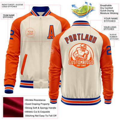 Custom Cream Royal Orange-White Bomber Varsity Letterman Two Tone Zipper Jacket