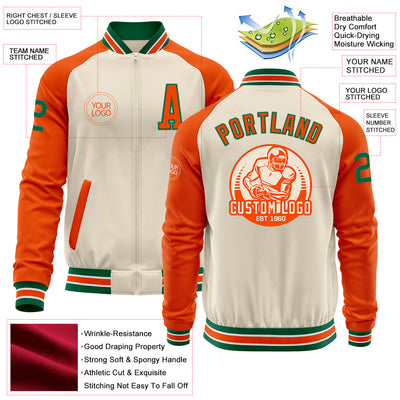 Custom Cream Kelly Green Orange-White Bomber Varsity Letterman Two Tone Zipper Jacket