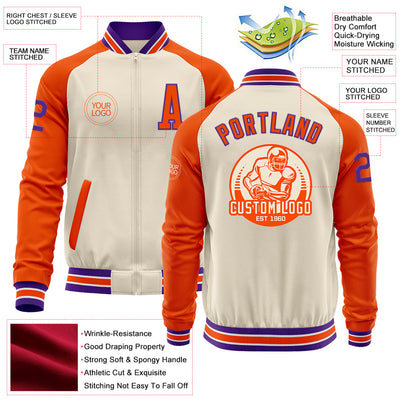 Custom Cream Purple Orange-White Bomber Varsity Letterman Two Tone Zipper Jacket