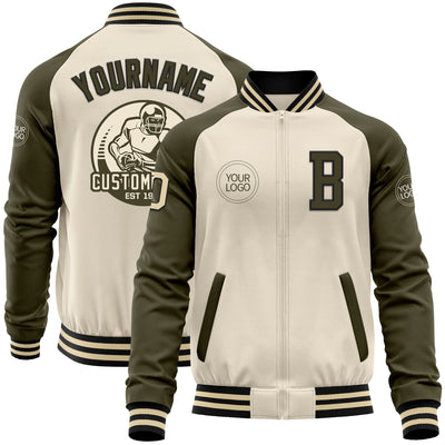 Custom Cream Black-Olive Bomber Varsity Letterman Two Tone Zipper Jacket