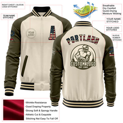 Custom Cream Vintage USA Flag Black-Olive Bomber Varsity Letterman Two Tone Zipper Jacket