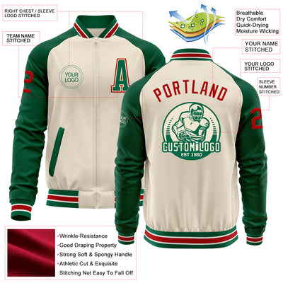 Custom Cream Red Kelly Green-White Bomber Varsity Letterman Two Tone Zipper Jacket