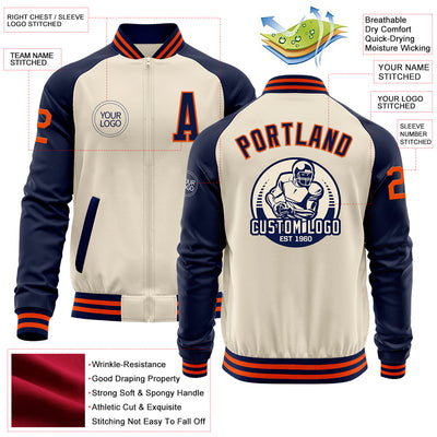 Custom Cream Orange-Navy Bomber Varsity Letterman Two Tone Zipper Jacket