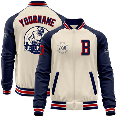 Custom Cream Red Navy-White Bomber Varsity Letterman Two Tone Zipper Jacket