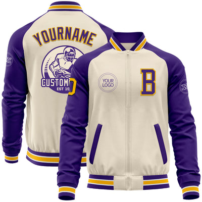 Custom Cream Gold Black Purple-White Bomber Varsity Letterman Two Tone Zipper Jacket