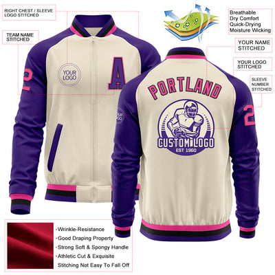 Custom Cream Pink Black-Purple Bomber Varsity Letterman Two Tone Zipper Jacket