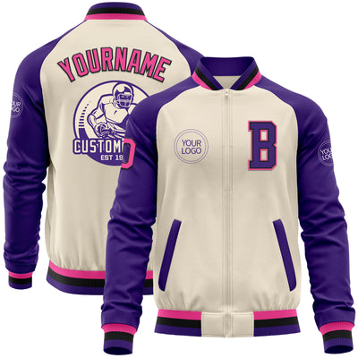 Custom Cream Pink Black-Purple Bomber Varsity Letterman Two Tone Zipper Jacket