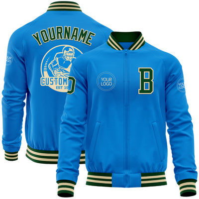 Custom Powder Blue Green-Cream Bomber Varsity Letterman Zipper Jacket