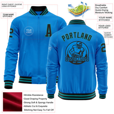 Custom Powder Blue Black-Teal Bomber Varsity Letterman Zipper Jacket