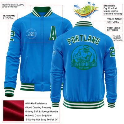 Custom Powder Blue Kelly Green-White Bomber Varsity Letterman Zipper Jacket