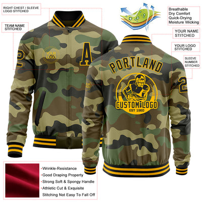 Custom Camo Black-Gold Bomber Varsity Letterman Salute To Service Zipper Jacket