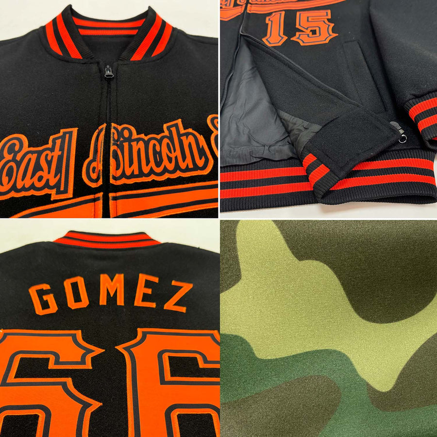 Custom Camo Black-Gray Bomber Varsity Letterman Salute To Service Zipper Jacket