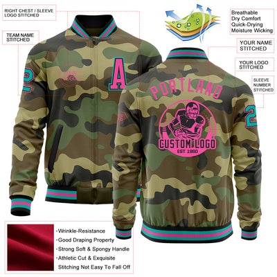 Custom Camo Aqua Black-Pink Bomber Varsity Letterman Salute To Service Zipper Jacket