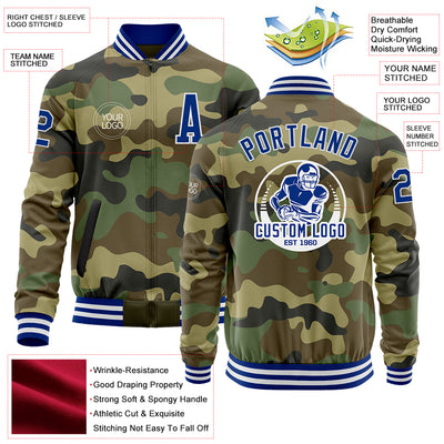 Custom Camo Royal-White Bomber Varsity Letterman Salute To Service Zipper Jacket