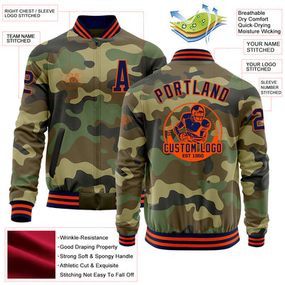 Custom Camo Navy-Orange Bomber Varsity Letterman Salute To Service Zipper Jacket