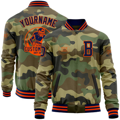 Custom Camo Navy-Orange Bomber Varsity Letterman Salute To Service Zipper Jacket