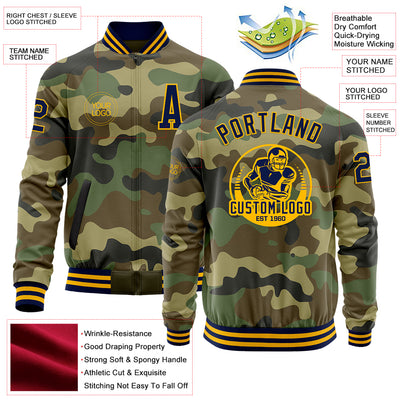 Custom Camo Navy-Gold Bomber Varsity Letterman Salute To Service Zipper Jacket