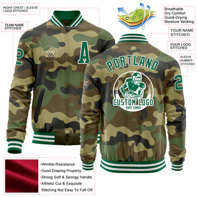 Custom Camo Kelly Green-White Bomber Varsity Letterman Salute To Service Zipper Jacket