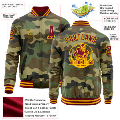 Custom Camo Crimson-Gold Bomber Varsity Letterman Salute To Service Zipper Jacket