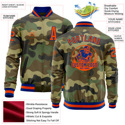 Custom Camo Orange-Royal Bomber Varsity Letterman Salute To Service Zipper Jacket