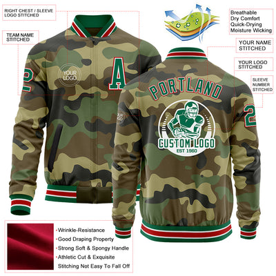 Custom Camo Kelly Green-Red Bomber Varsity Letterman Salute To Service Zipper Jacket