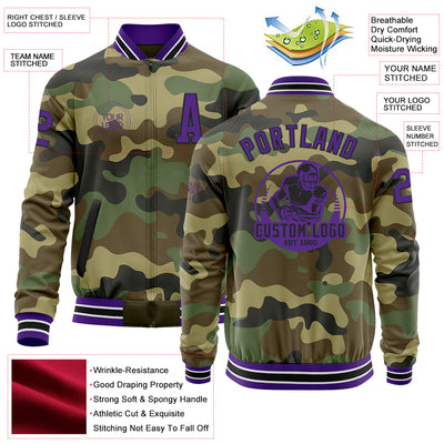 Custom Camo Purple-Black Bomber Varsity Letterman Salute To Service Zipper Jacket