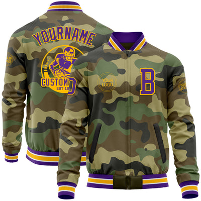 Custom Camo Purple-Gold Bomber Varsity Letterman Salute To Service Zipper Jacket