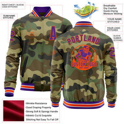 Custom Camo Purple-Orange Bomber Varsity Letterman Salute To Service Zipper Jacket