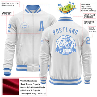 Custom White Light Blue Bomber Varsity Letterman Zipper Jacket