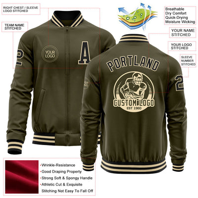 Custom Olive Black-Cream Bomber Varsity Letterman Salute To Service Zipper Jacket