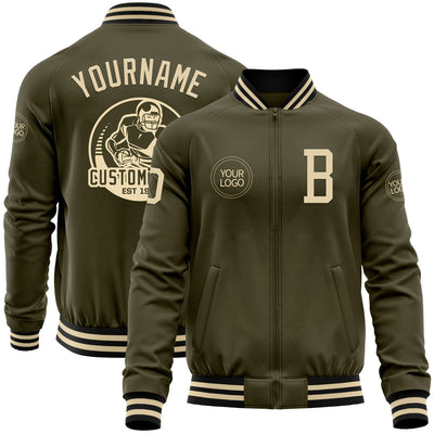 Custom Olive Cream-Black Bomber Varsity Letterman Salute To Service Zipper Jacket