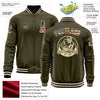 Custom Olive Vintage USA Flag Cream-Black Bomber Varsity Letterman Salute To Service Zipper Jacket