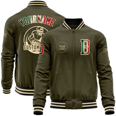 Custom Olive Vintage Mexican Flag Cream-Black Bomber Varsity Letterman Salute To Service Zipper Jacket