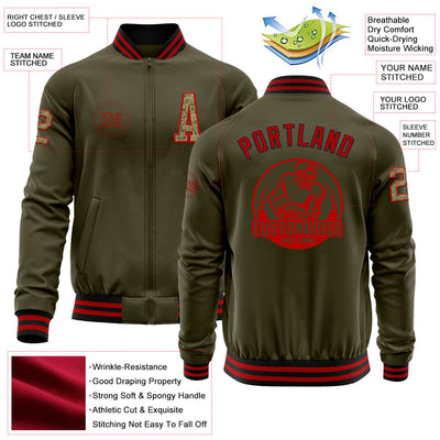 Custom Olive Camo Red-Black Bomber Varsity Letterman Salute To Service Zipper Jacket