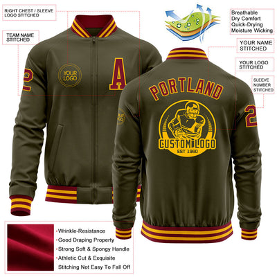 Custom Olive Crimson-Gold Bomber Varsity Letterman Salute To Service Zipper Jacket