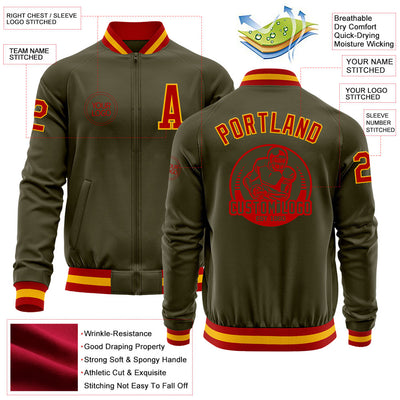 Custom Olive Red-Gold Bomber Varsity Letterman Salute To Service Zipper Jacket