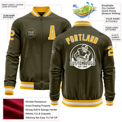 Custom Olive Gold-White Bomber Varsity Letterman Salute To Service Zipper Jacket