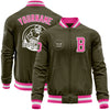 Custom Olive Pink-White Bomber Varsity Letterman Salute To Service Zipper Jacket