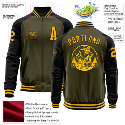 Custom Olive Gold-Black Bomber Varsity Letterman Two Tone Salute To Service Zipper Jacket