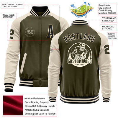 Custom Olive Black-Cream Bomber Varsity Letterman Two Tone Salute To Service Zipper Jacket