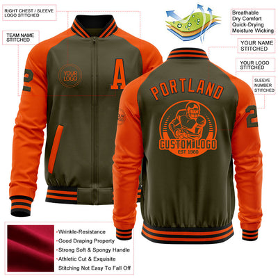 Custom Olive Black-Orange Bomber Varsity Letterman Two Tone Salute To Service Zipper Jacket