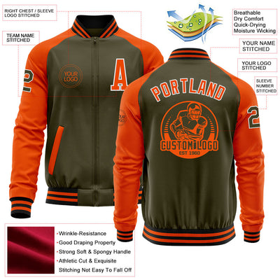 Custom Olive White-Orange Bomber Varsity Letterman Two Tone Salute To Service Zipper Jacket