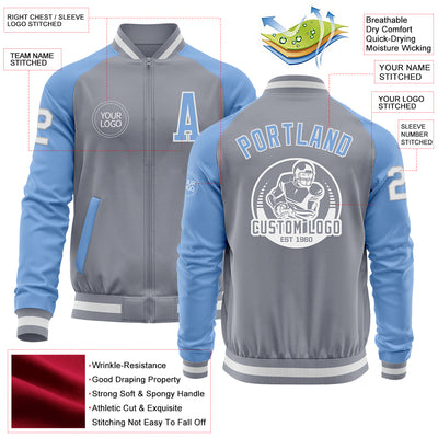 Custom Gray White-Light Blue Bomber Varsity Letterman Two Tone Zipper Jacket