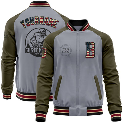 Custom Gray Vintage USA Flag Black City Cream Crimson-Olive Varsity Letterman Two Tone Zipper Jacket