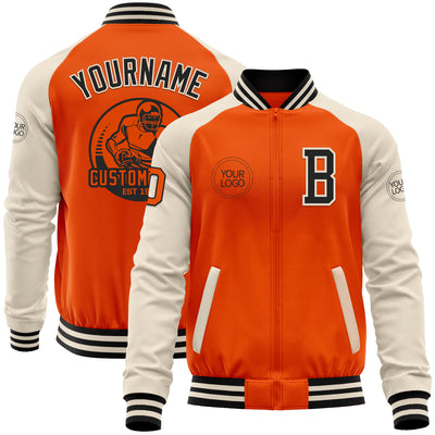 Custom Orange Black-Cream Bomber Varsity Letterman Two Tone Zipper Jacket