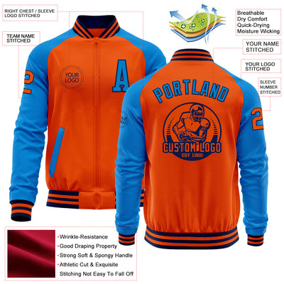 Custom Orange Navy-Powder Blue Bomber Varsity Letterman Two Tone Zipper Jacket