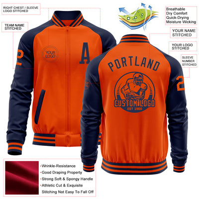 Custom Orange Navy Bomber Varsity Letterman Two Tone Zipper Jacket